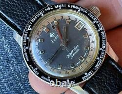 1960's ZODIAC WORLD TIME Gray Matte Dial Automatic Bakelite Bezel GMT 752 934
