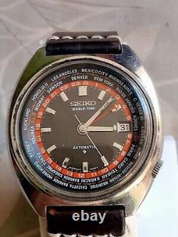 1970s VINTAGE SEIKO WORLD TIME AUTOMATIC S/S Men's 6117 6400 Watch Black Dial