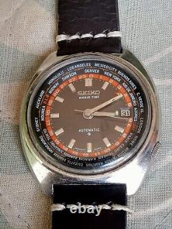 1970s VINTAGE SEIKO WORLD TIME AUTOMATIC S/S Men's 6117 6400 Watch Black Dial