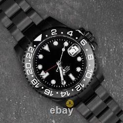 40mm Stealth Black GMT Custom Sub Style Mod Watch with NH34 Automatic Movement