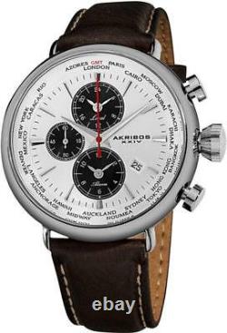 Akribos XXIV AK629WT World Time Alarm Date GMT Brown Leather Strap Mens Watch