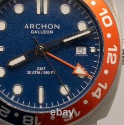 Archon Galleon GMT Quartz 42mm Pepsi Bezel Blue Dial 200M Swiss Watch