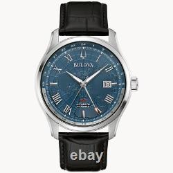 Bulova 96B385 Men's Wilton GMT Black Leather Band Blue Dial Automatic Watch