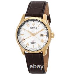 Bulova Classic Wilton GMT Automatic Gold Leather Strap Watch 97B210 Mens