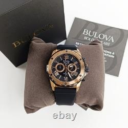 Bulova New Men's 98B104 Black/Rose Gold Quartz Rubber Strap Watch 44mm