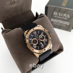 Bulova New Men's 98B104 Black/Rose Gold Quartz Rubber Strap Watch 44mm
