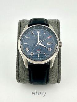 Bulova Wilton GMT Automatic Blue Leather Watch 96B385 New In Box with Tags