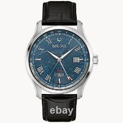 Bulova Wilton GMT Automatic Blue Leather Watch 96B385 New In Box with Tags