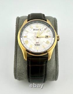 Bulova Wilton GMT Automatic Gold-Tone Leather Watch 97B210 New In Box with Tags