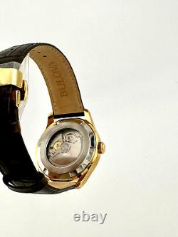 Bulova Wilton GMT Automatic Gold-Tone Leather Watch 97B210 New In Box with Tags