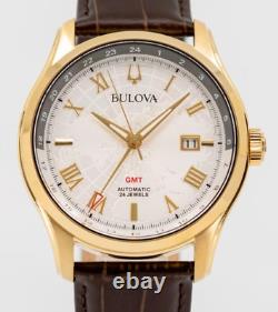 Bulova Wilton GMT Automatic Sapphire Gold Tone Silver White Dial Watch 97B210