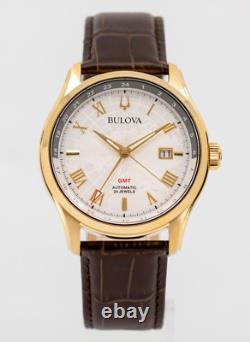 Bulova Wilton GMT Automatic Sapphire Gold Tone Silver White Dial Watch 97B210