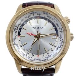 Burberry World Time Gmt Quartz Men'S Watch Silver Dial Genuine Leather Belt Buq6