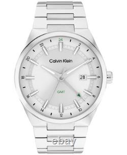 Calvin Klein Distinguish GMT Men's Silver Dial 44mm Quartz Watch 25200489 New