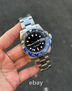 Custom Built GMT NH34 Automatic Black Dial Blue Bezel Steel 40mm Watch