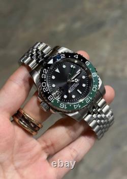 Custom Built GMT NH34 Automatic Black Dial Green Bezel Jubilee 40mm Steel