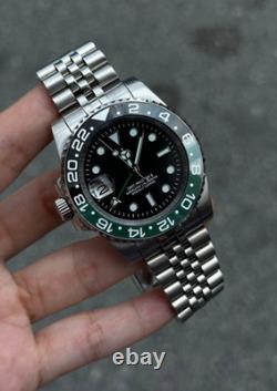 Custom Built GMT NH34 Automatic Black Dial Green Bezel Jubilee 40mm Steel