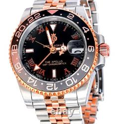 Dwellingham Men's Apollo 40mm GMT Automatic, 904L Steel/Rose Gold, Shark Hand