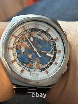 Edox Geoscope Worldtimer 42mm GMT Signed Pushers, Buckle and Integrated bracelet