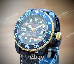 Full Automatic GMT Sub Diver Mod Watch Black Gold Volcanic 24jewels Sapphire