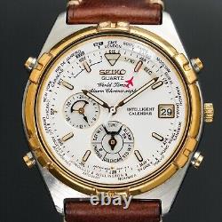 Fully Works SEIKO World Timer Alarm Chronograph 6M15-0020 GMT Quartz Watch Japan