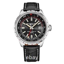 Global Voyager GMT 42mm World Timer Watch Black/Leather Black Dial Wristwatch