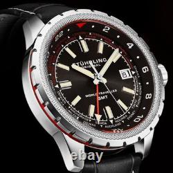 Global Voyager GMT 42mm World Timer Watch Black/Leather Black Dial Wristwatch