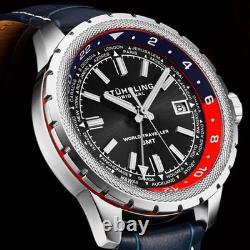 Global Voyager GMT 42mm World Timer Watch Blue/Leather Black Dial Wristwatch 1