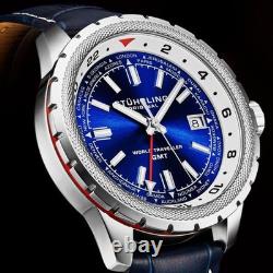 Global Voyager GMT 42mm World Timer Watch Blue/Leather Blue Dial Wristwatch 10