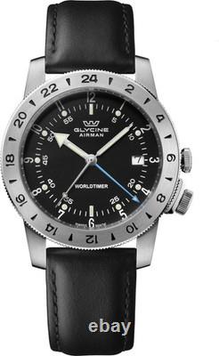 Glycine Airman Vintage GMT Quartz SWISS Black Dial Men's Black Leather Watch