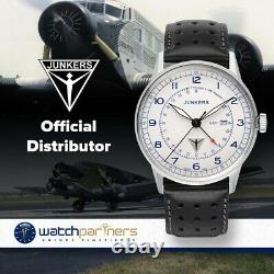 Junkers G38 Quartz watch GMT 2nd time zone 42mm steel case White dial 6946-3