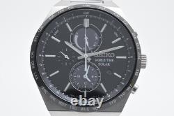 MINT SEIKO V195-0AE0 World Time Solar Men's Watch Black Dial 44mm From JAPAN