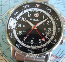 MeNs WENGER Swiss Army WORLD Time GMT COMMANDO4 Hand Black DialSS BraceletEUC