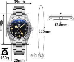 Men's GMT Quartz Watch, Dual Time, Waterproof 200M, Swiss Movement, Luminous