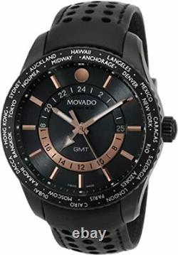 Movado $1795 Gmt World Dual Time Black, Leather Strap Series 800 Watch 2600118