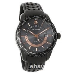 Movado Series 800 GMT Mens Black Dial Leather Strap Swiss Quartz Watch 2600118