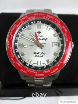 NEW Zodiac Super Sea Wolf GMT World Time Automatic Silver Red Watch ZO9410 NWT