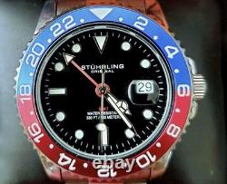 New Rare Swiss Stuhrling GMT Coke Pepsi Mens Dive Watch Stainless Analog Luxury