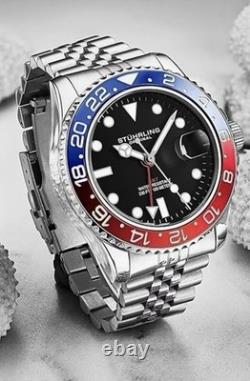 New Rare Swiss Stuhrling GMT Coke Pepsi Mens Dive Watch Stainless Analog Luxury