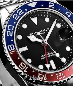New Rare Swiss Stuhrling GMT Coke Pepsi Mens Dive Watch Stainless Analog Luxury