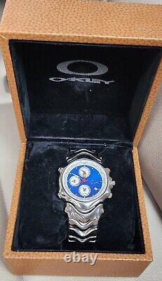 Oakley GMT Watch Custom Polish Case & Band with Blue Dial & Box. WORKS PERFECTLY