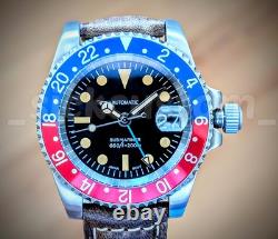 PEPSI SOLID TITANIUM Automatic GMT Sub Diver Retro dial Mod Watch 40mm SAPPHIRE