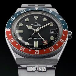 Q Timex GMT Swiss Movement Black/Red/Blue Stainless steel Watch TW2V38000 NWT