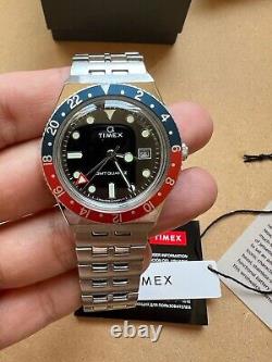 Q Timex GMT Swiss Movement Stainless Steel Blue Red Bezel 38mm Watch TW2V38000