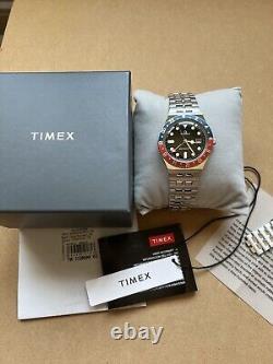 Q Timex GMT Swiss Movement Stainless Steel Blue Red Bezel 38mm Watch TW2V38000