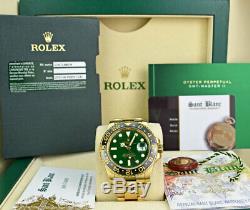 ROLEX Mens 18kt Gold GMT Master II Green Dial BOX CARD Books 116718 SANT BLANC