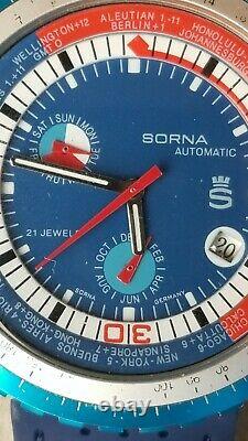 Rare 1970s Authentic Sorna Automatic Worldtimer GMT T21707 German Watch