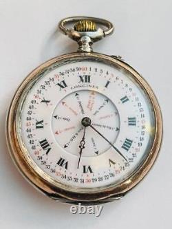 Rare Antique Pocket Watch Longines Grand-Prix Silver GMT WORLD TIME c1890's