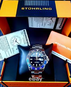 Rare Swiss Batman Stuhrling GMT Stainless Mens Diver Watch