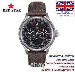 Red Star Seagull 45mm Black DUAL TIME GMT Auto Watch, Power Res. Flyback Date